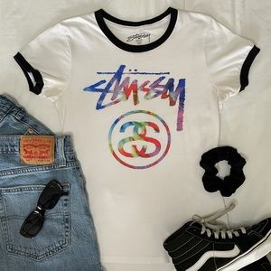 Stussy Women’s Basic Ringer Tee White X-Small Tie Dye Logo